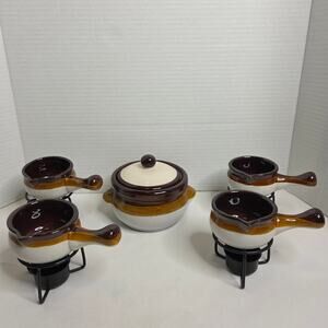 Vintage Gailstyn-Sutton Stoneware Mini Crocks, Bean Crock W/ Warmer Stands